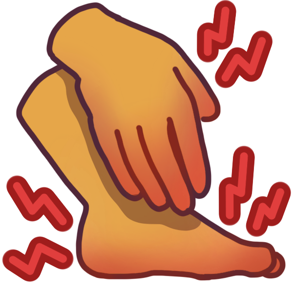 A hand and foot, which are unnaturally red and look inflamed. There are red lightning bolts around them.